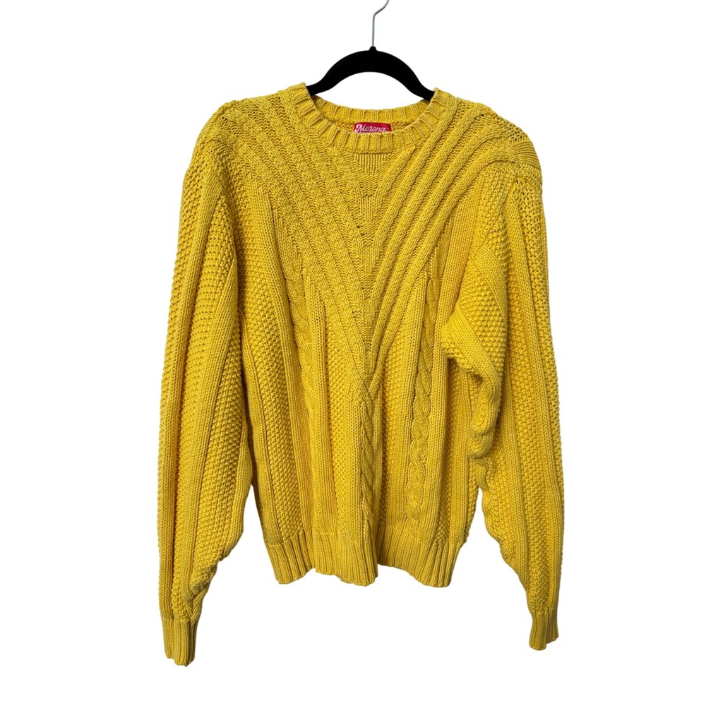 Merona Vintage Yellow Cable Knit Sweater Made in England 100% Cotton Large Mens